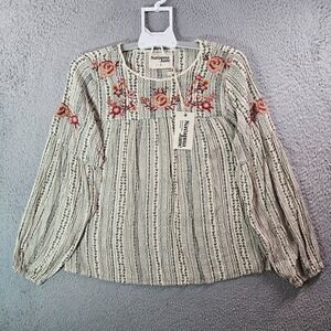 NEW Savanna Jane Top Blouse Women Small Embroidered Long Sleeve Beige Black